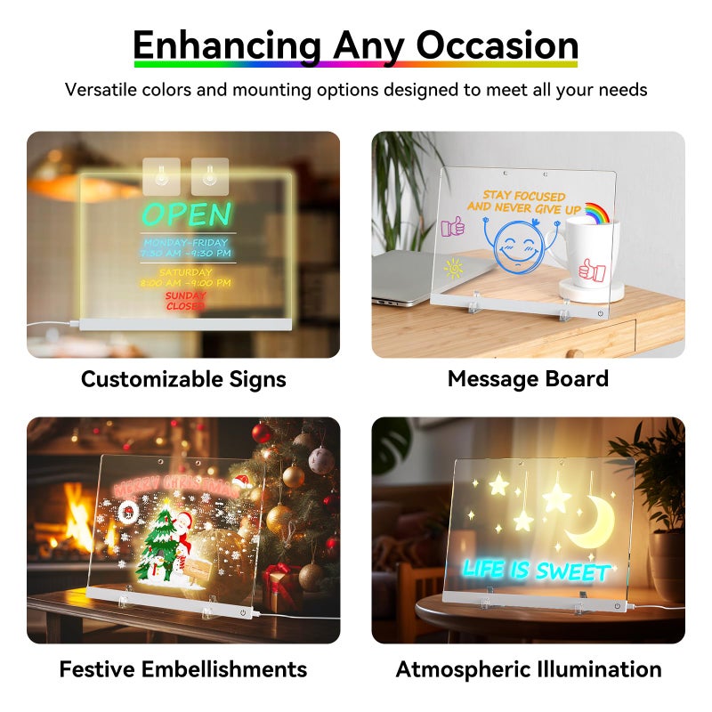 Bailkind Acrylic Dry Erase Board with Light  13.7""X10"" 6-Color Neon Glow Memo LED Light-Up Message Note Board with Stand as Night Light for Room/Store/Office/Festival/Gift  Touch Control  7 Markers - Image 4